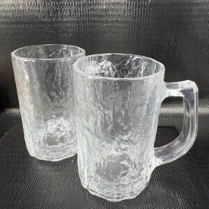 Vintage Hoya Clear Ice Texture Glass Mug Cup Set 2 Heavy Glassware Mugs Cups VTG